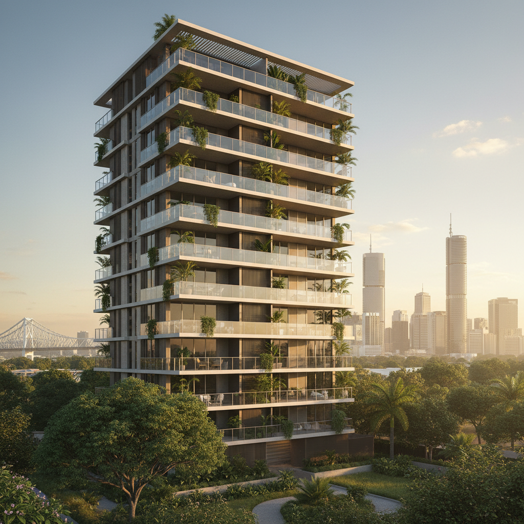 Modern medium-rise residential building at golden hour